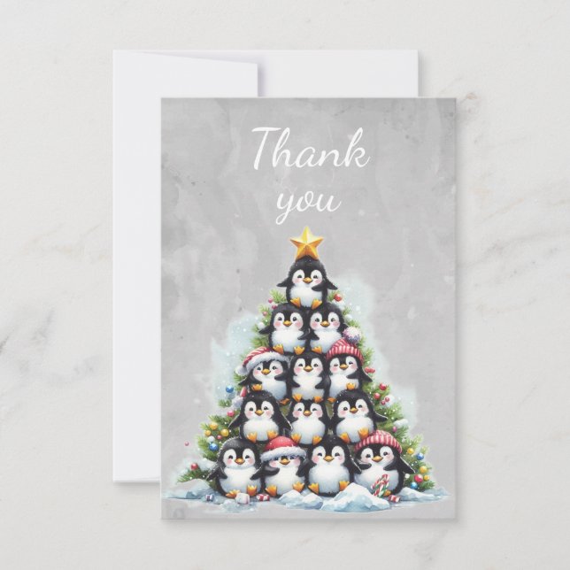 Tarjeta De Agradecimiento Árbol de Navidad de pingüinos acuarelas (Anverso)