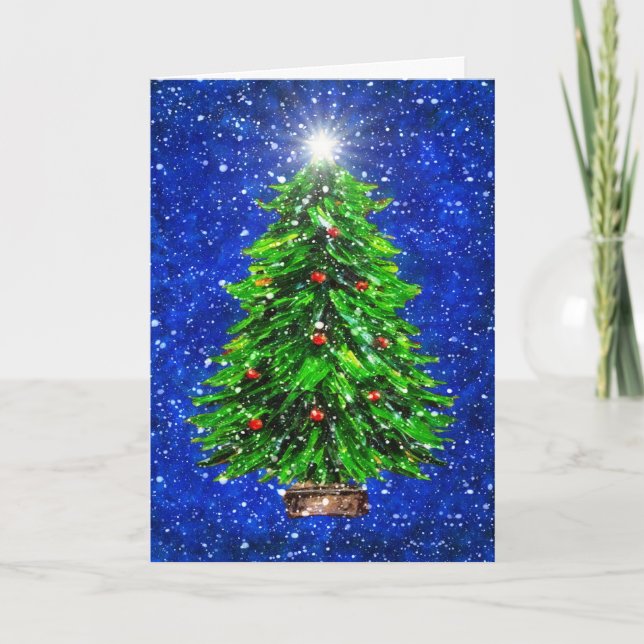 Tarjeta De Agradecimiento Árbol de Navidad en Nieve - Fondo azul (Anverso)