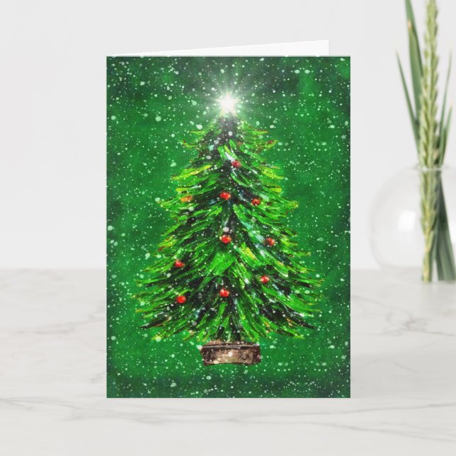 Tarjeta De Agradecimiento Árbol de Navidad en Nieve - Fondo verde (Anverso)