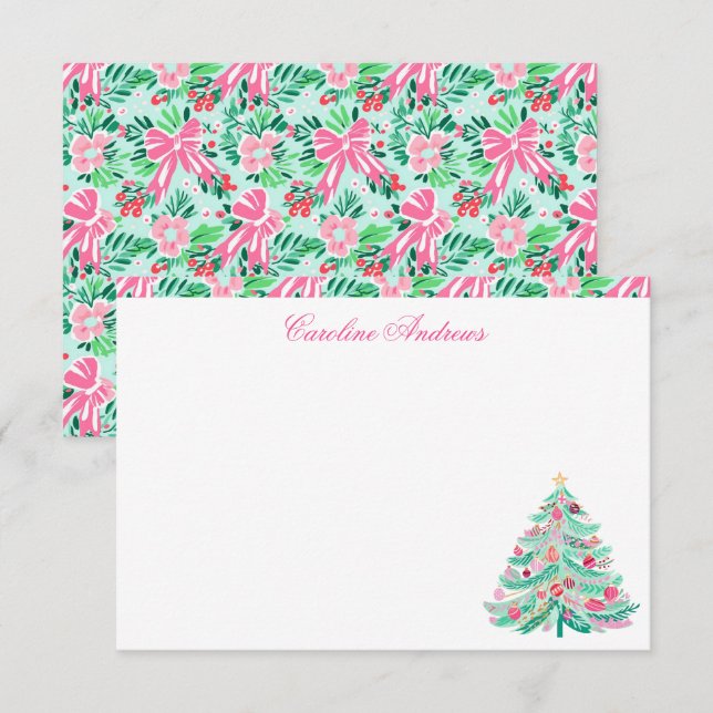 Tarjeta De Agradecimiento Árbol de Navidad Preppy Pink & Green Palm Beach (Anverso / Reverso)