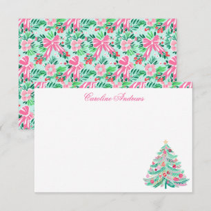 Tarjeta De Agradecimiento Árbol de Navidad Preppy Pink & Green Palm Beach