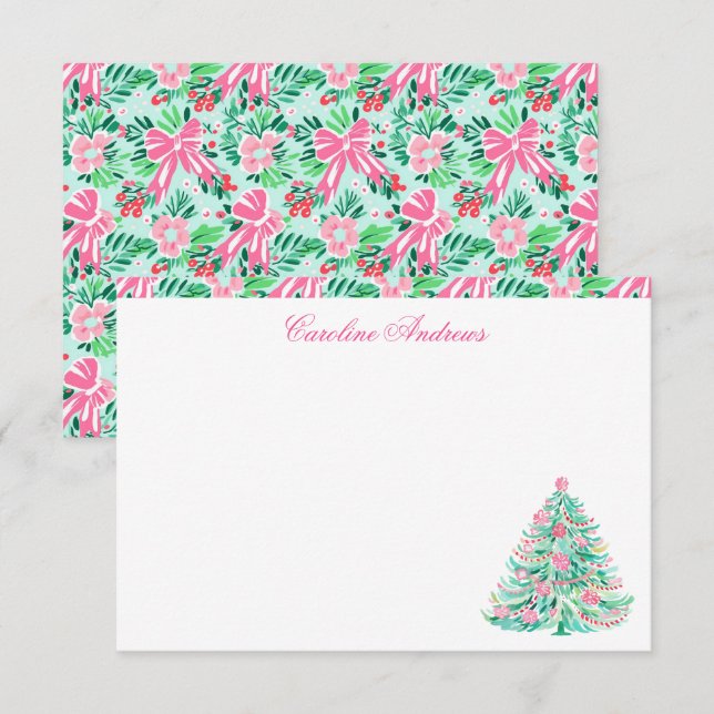 Tarjeta De Agradecimiento Árbol de Navidad Preppy Pink & Green Palm Beach (Anverso / Reverso)