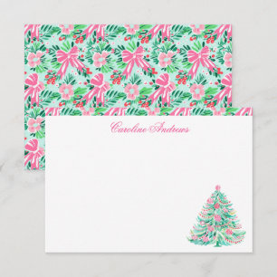 Tarjeta De Agradecimiento Árbol de Navidad Preppy Pink & Green Palm Beach