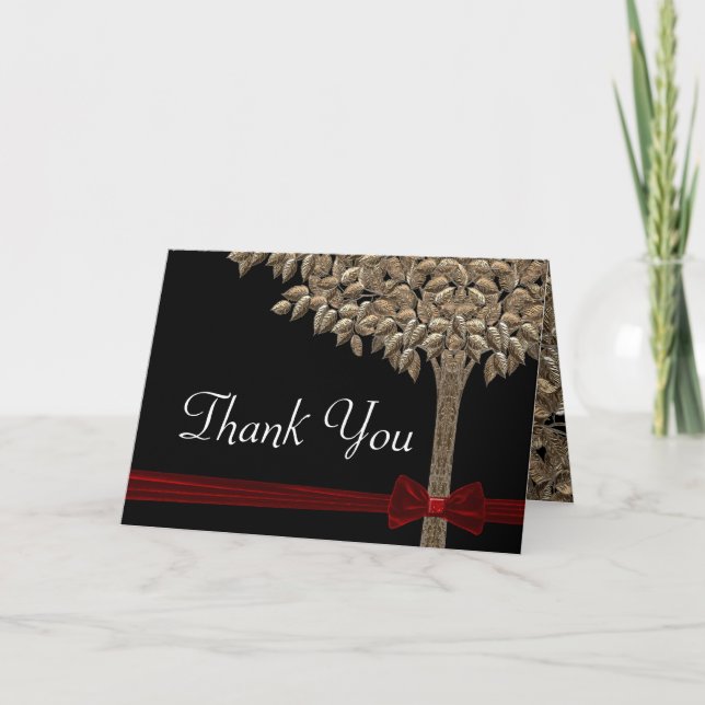 Tarjeta De Agradecimiento Árbol dorado con cinta roja y ceño gracias (Anverso)