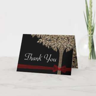 Tarjeta De Agradecimiento Árbol Dorado Con Cinta Y Lazo Rojo Gracias