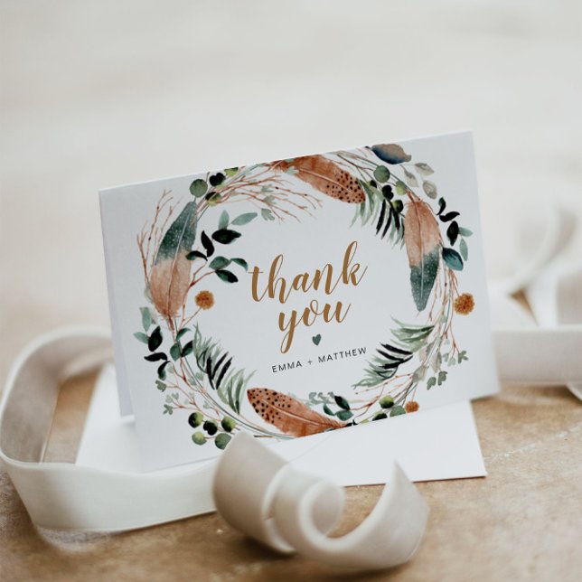Tarjeta De Agradecimiento ARBOR Bohemian Feather Greenery Wreath Boho (Subido por el creador)