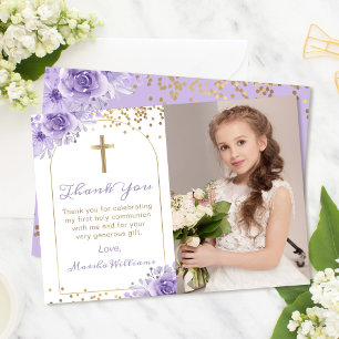 Tarjeta De Agradecimiento Arch Gold Purple Floral First Holy Communia Foto