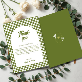 Tarjeta De Agradecimiento Arch Olive green Minimalist Retro Checker Wedding