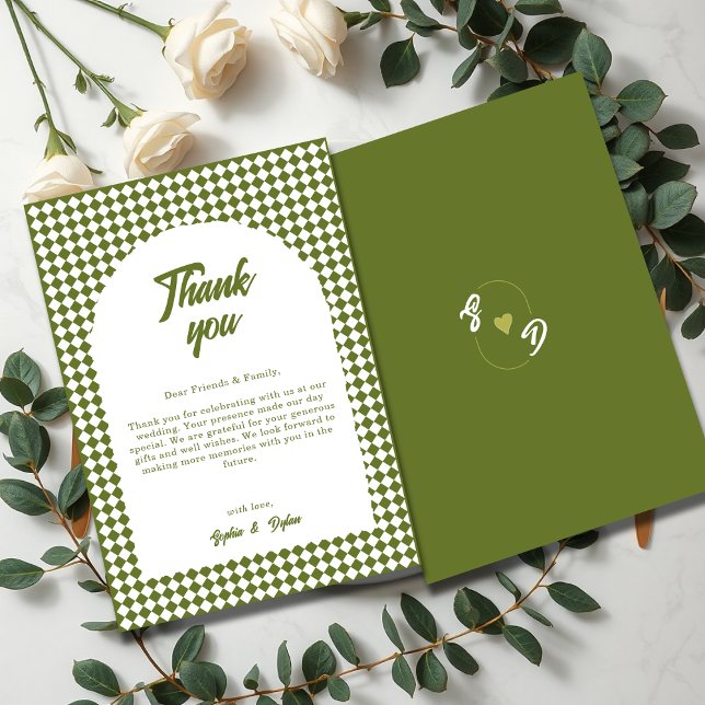 Tarjeta De Agradecimiento Arch Olive green Minimalist Retro Checker Wedding (Subido por el creador)