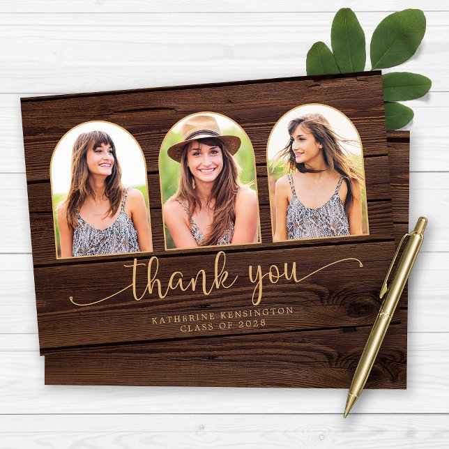 Tarjeta De Agradecimiento Arco de Oro de Madera Rústica 3 Graduación de Foto (Rustic Wood Gold Arch 3 Photo Graduation Thank You Card)