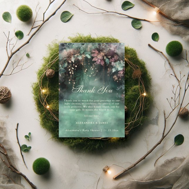 Tarjeta De Agradecimiento Arco de vegetación forestal encantado Baby Shower  (enchanted baby shower thank you card fairytale forest foliage magical fairy faerie woodland green)
