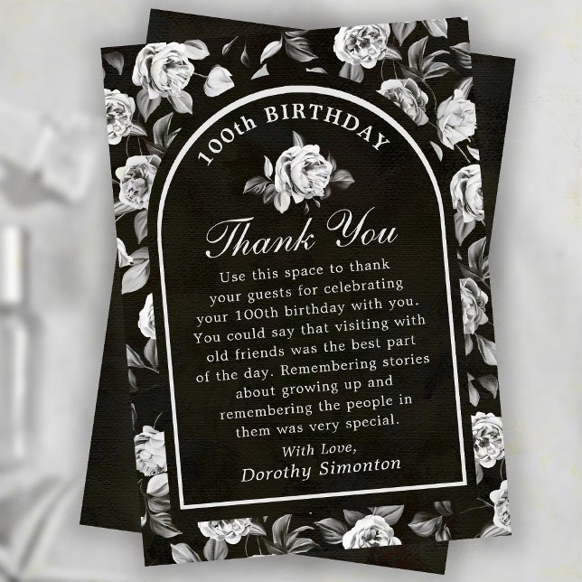 Tarjeta De Agradecimiento Arco floral de Rosa blanco negro 100 cumpleaños (Subido por el creador)