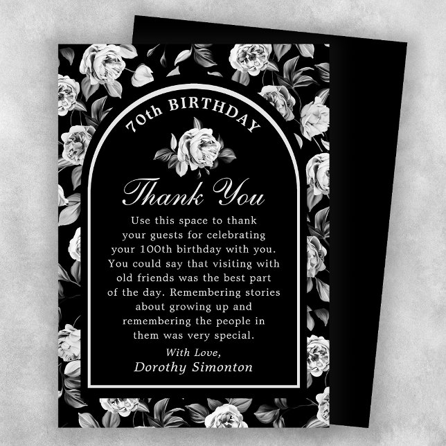 Tarjeta De Agradecimiento Arco floral Rosa blanco negro 70 cumpleaños (Subido por el creador)