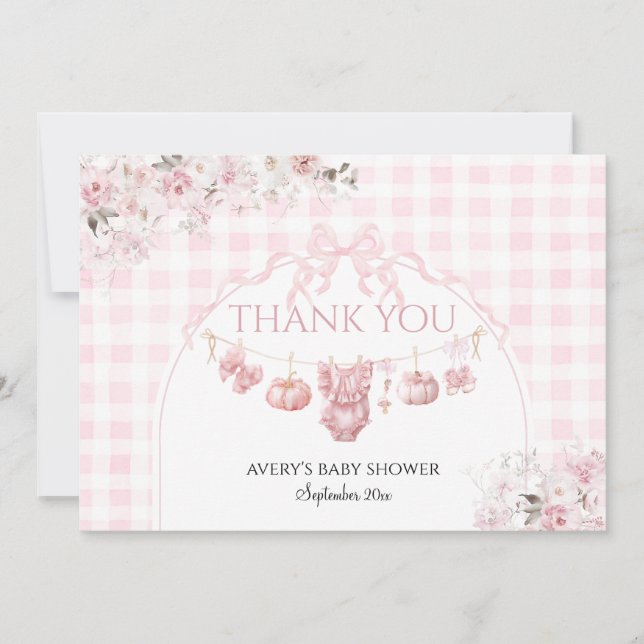 Tarjeta De Agradecimiento Arco Floral Rosa Calabaza Baby Shower Niña (Anverso)
