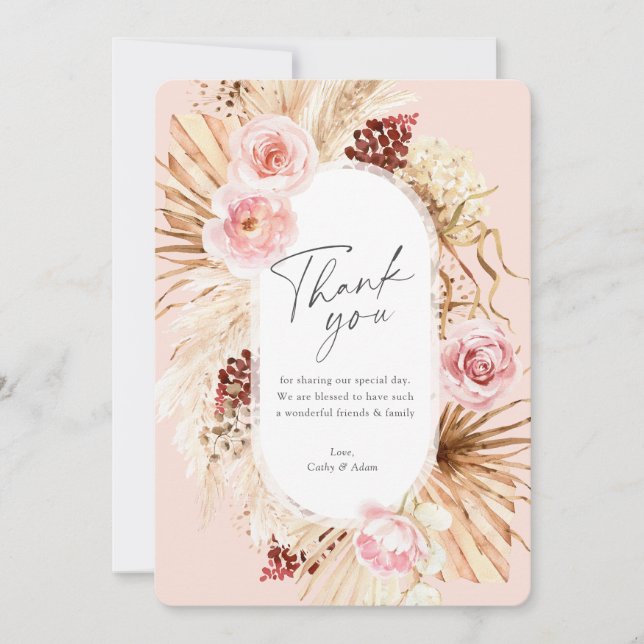 Tarjeta De Agradecimiento Arco floral rosa moderno Boho Pampas Grass (Anverso)