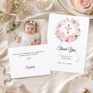 Tarjeta De Agradecimiento Arco floral rosa para bautizo foto niña