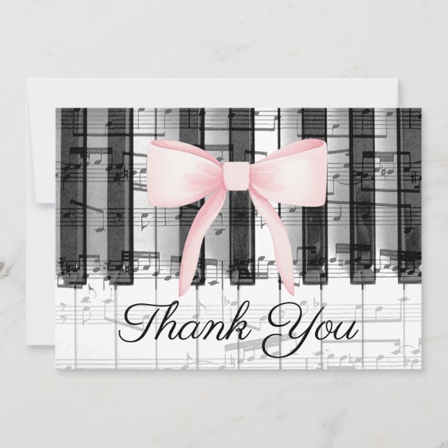 Tarjeta De Agradecimiento arco rosado gracias caligrafía sobre piano musical (Anverso)