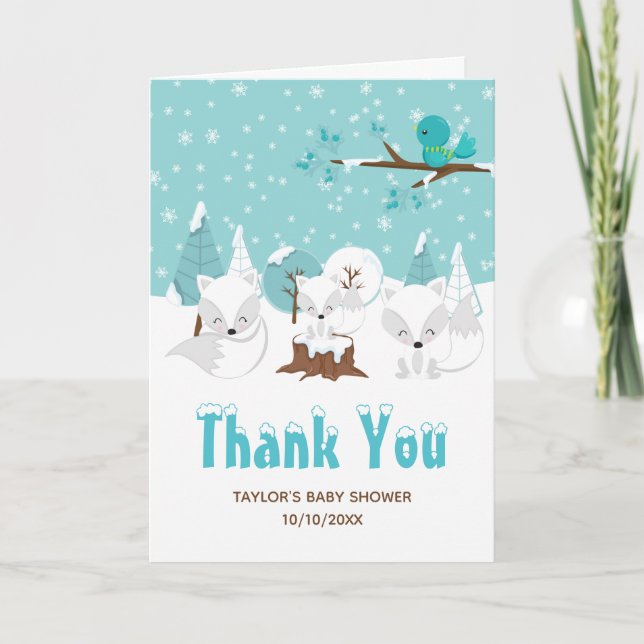 Tarjeta De Agradecimiento Arctic Foxes Winter Wonderland Baby Shower (Anverso)