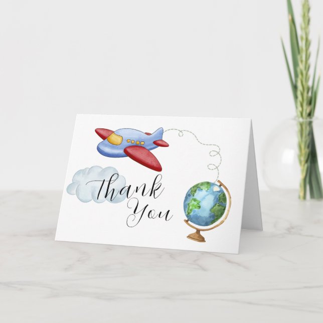 Tarjeta De Agradecimiento Around The World Map Airplane Boy Baby Shower (Anverso)