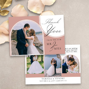 Tarjeta De Agradecimiento Arqueado Multi Foto Caligrafía Elegante Rosa Dorad