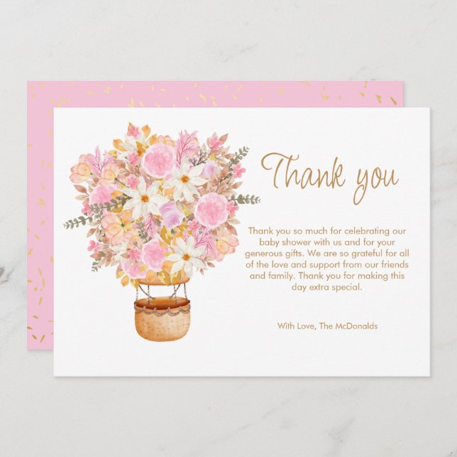 Tarjeta De Agradecimiento Arriba y lejos Baby Shower de globo floral rosa (Anverso / Reverso)