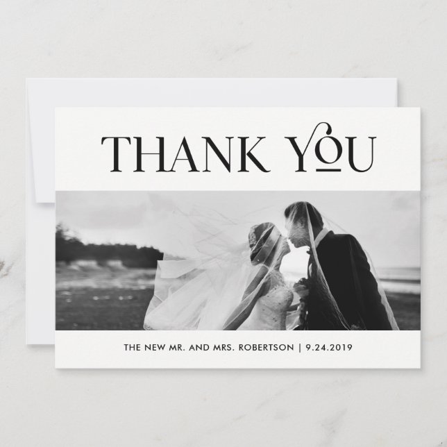 Tarjeta De Agradecimiento Art Deco Blanco y negro | Foto boda Gracias (Anverso)