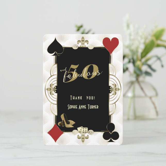 Tarjeta De Agradecimiento Art Deco Casino Poker 50 y fabuloso cumpleaños (Anverso de pie)