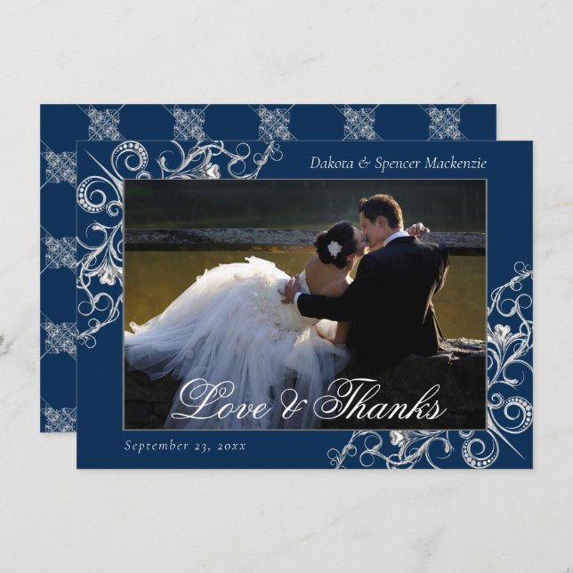 Tarjeta De Agradecimiento Art Deco Filigree | Navy Silver Photo Love y (Anverso / Reverso)