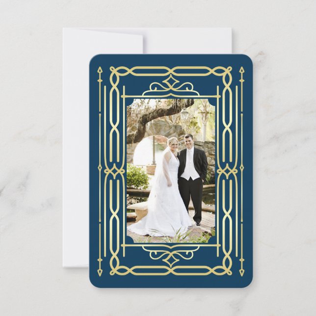 Tarjeta De Agradecimiento Art Deco Love & Gracias Gold Blue Photo Gracias (Anverso)