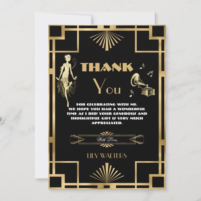 Tarjeta De Agradecimiento Art Deco Nouveu Gatsby Roaring Twentis Cumpleaños (Anverso)