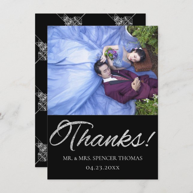 Tarjeta De Agradecimiento Art Deco Ornamental | Geometría negra y plateada (Anverso / Reverso)