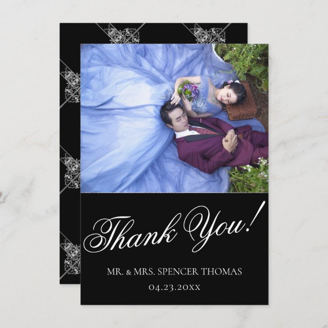 Tarjeta De Agradecimiento Art Deco Ornamental | Geometría negra y plateada (Anverso / Reverso)