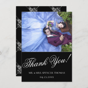 Tarjeta De Agradecimiento Art Deco Ornamental   Geometría negra y plateada