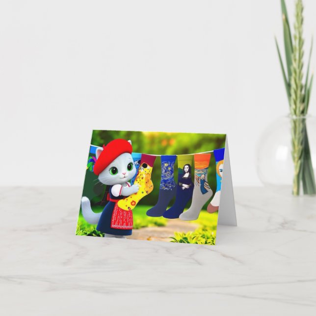 Tarjeta De Agradecimiento Art Kitty Colgando Socks de arte (Anverso)