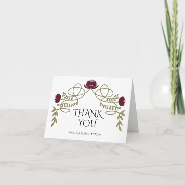 Tarjeta De Agradecimiento Art Nouveau Burgundy Pink Flower Wedding Photo (Anverso)