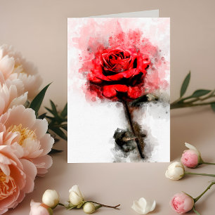 Tarjeta De Agradecimiento Arte de Acuarela de Rosa Roja sobre Fondo Blanco
