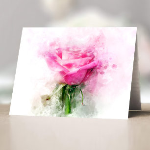 Tarjeta De Agradecimiento Arte de acuarela de rosa rosa sobre fondo blanco