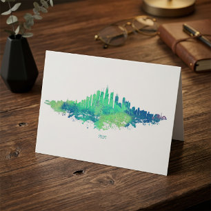 Tarjeta De Agradecimiento Arte de la Ciudad Acuarela Azul Verde del Horizont