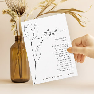 Tarjeta De Agradecimiento Arte de línea de flores elegante boda blanco negro