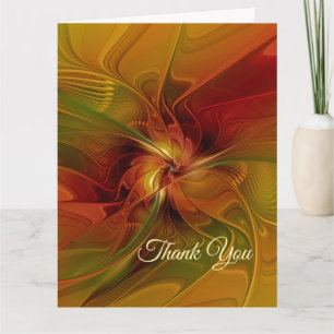 Tarjeta De Agradecimiento Arte floral fractal abstracto rojo naranja marrón 