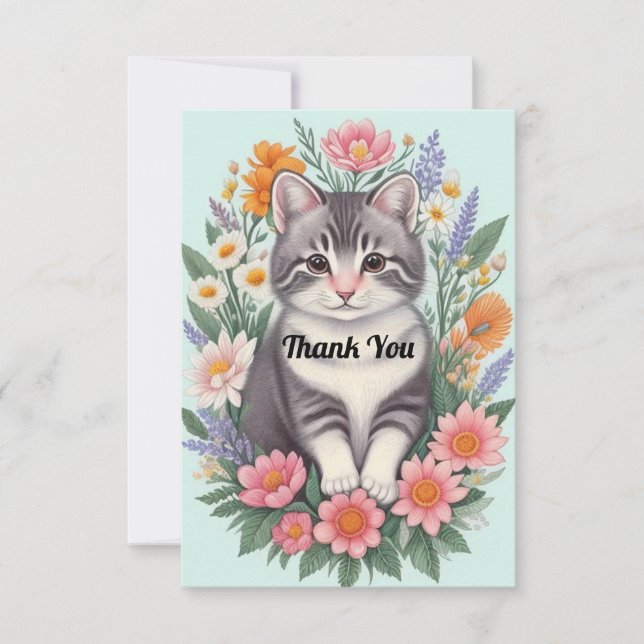 Tarjeta De Agradecimiento Arte Floral y gato (Anverso)
