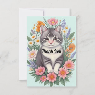 Tarjeta De Agradecimiento Arte Floral y gato