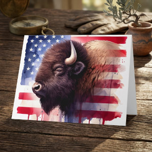 Tarjeta De Agradecimiento Arte majestuoso del bisonte americano y la bandera