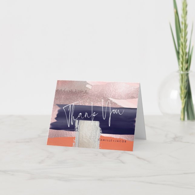 Tarjeta De Agradecimiento Arte moderno, azul marino+oro Rosa Gracias (Anverso)