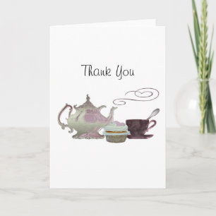 Tarjeta De Agradecimiento Arte rosado de la tetera, de la taza de té y de la
