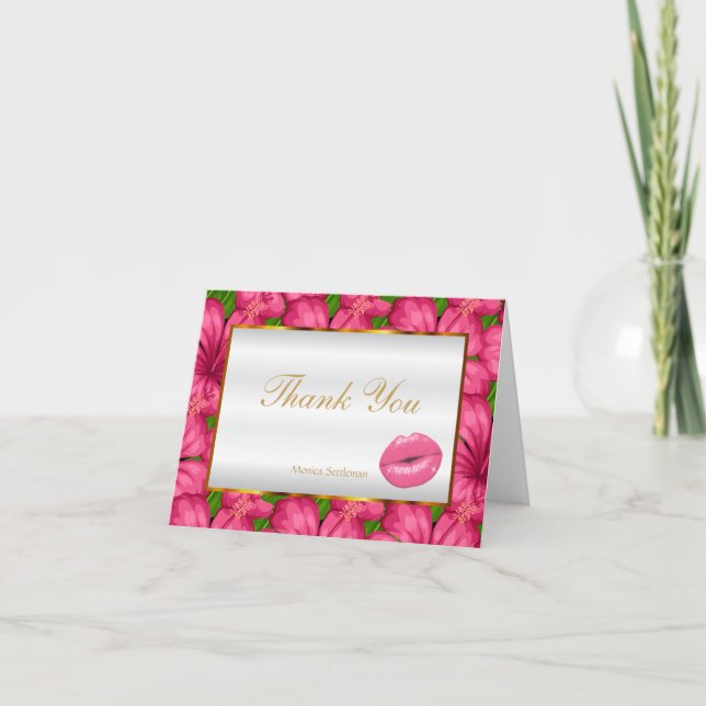 Tarjeta De Agradecimiento Artista de maquillaje labios rosados en floral ros (Anverso)