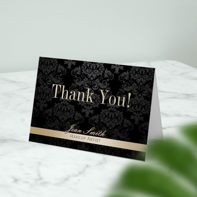 Tarjeta De Agradecimiento Artista de maquillaje Oro Stried Dark Damask Graci (Subido por el creador)