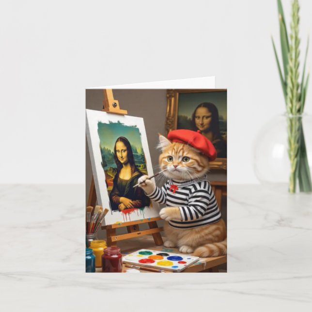 Tarjeta De Agradecimiento Artista Ginger Kitty pinta a Mona Lisa (Anverso)