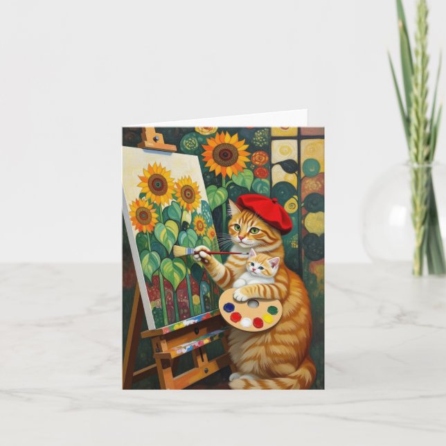 Tarjeta De Agradecimiento Artista Ginger Kitty pintura girasoles (Anverso)