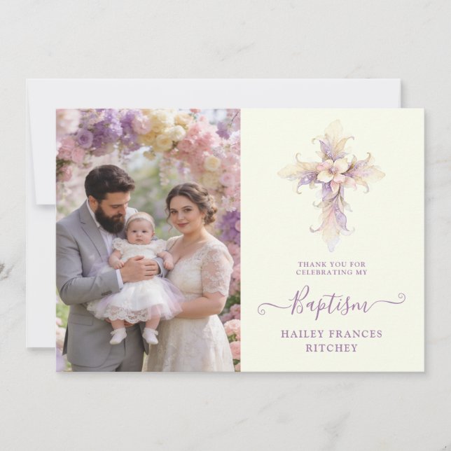 Tarjeta De Agradecimiento Artistic Lilac Floral Christian Cross Baptism (Anverso)